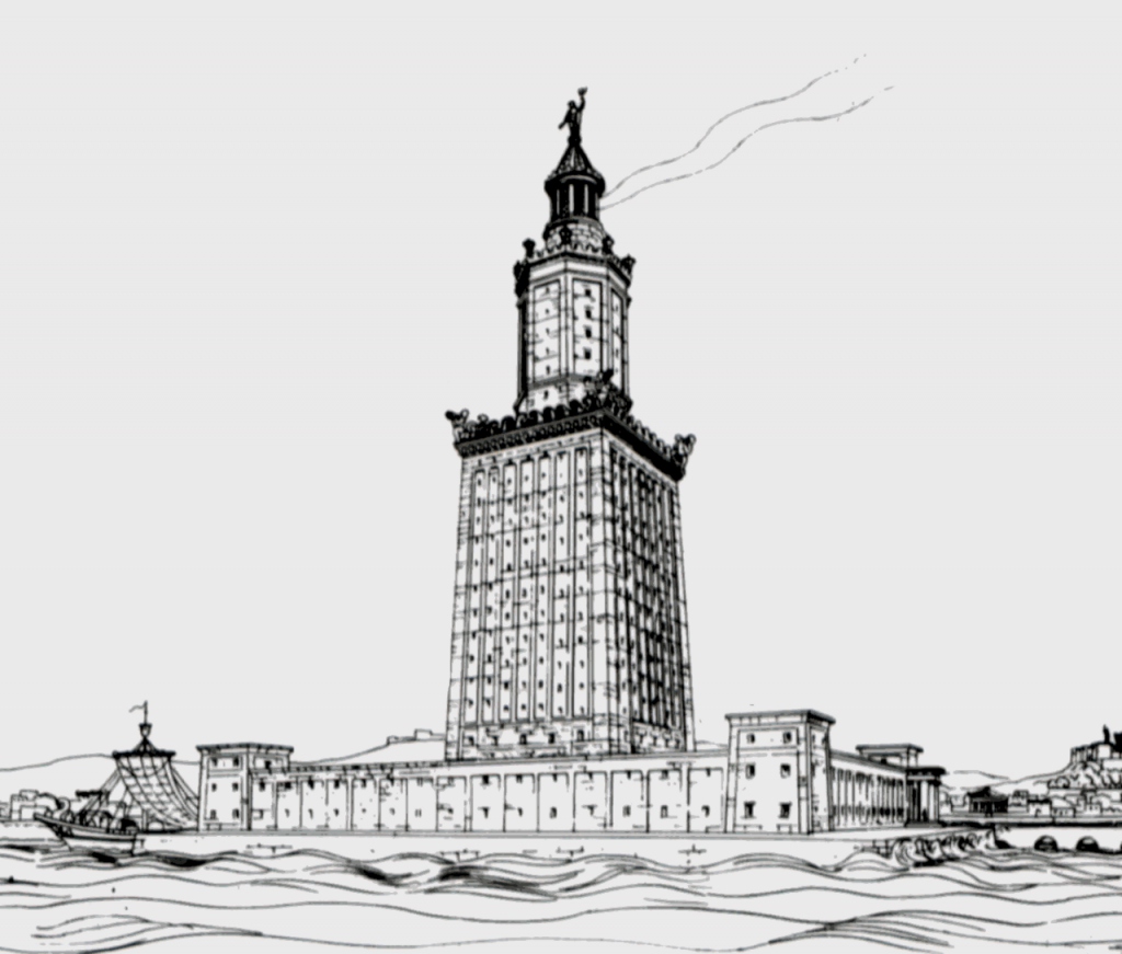 Rekonstruktionszeichnung des Leuchtturms von Alexandria, erbaut von etwa 299 bis 279 v. Chr. (Quelle: Wikimedia Commons)