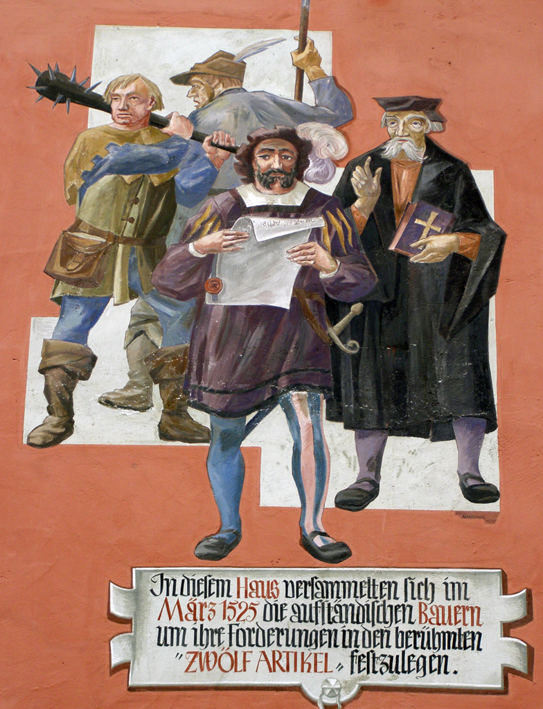 Das Wandgemälde in Memmingen erinnert an die Zwölf Artikel, das wegweisende Manifest der Rebellen, © Wikimedia/​Martin Egg