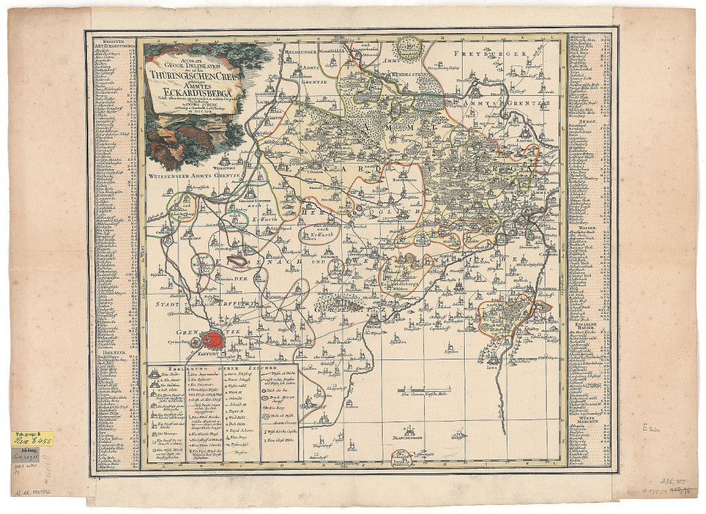 Ausschnitt aus: „Accurate Geogr. Delineation des zu dem Thür. Creis gehörigen Ammtes Eckardtsberga : nebst allen daran grentzenden u. andern Gegenden ; mit Königl. u. Churfürstl. Saechs. Privilegio“, Amsterdam 1757. © https:/​/​www.deutschefotothek.de