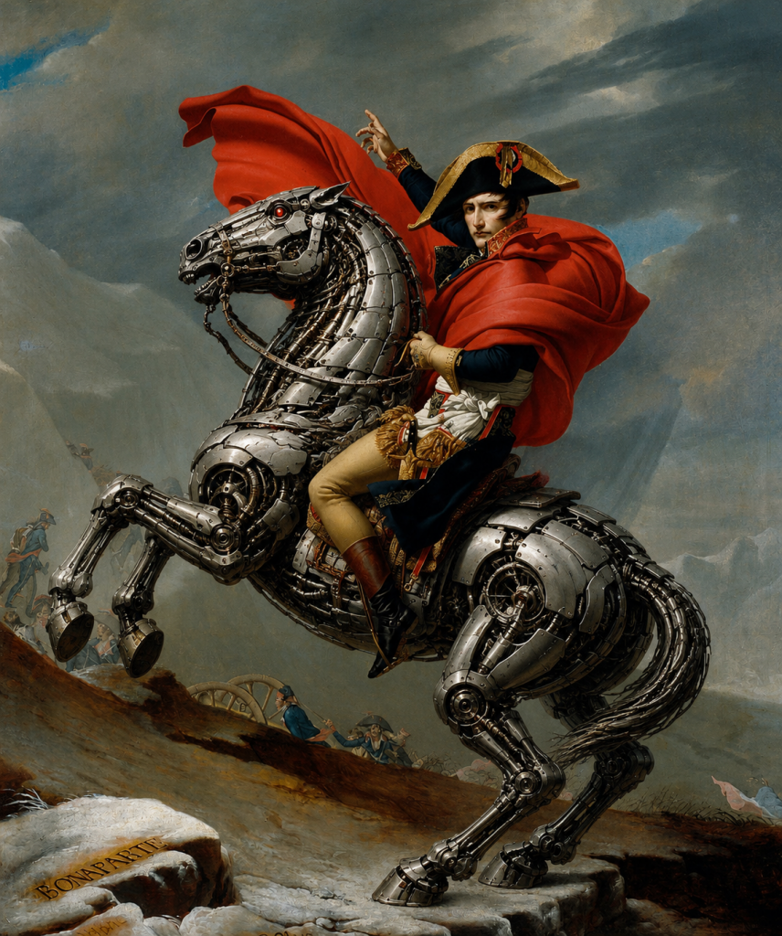 KI-erstelltes Bild von Napoleon I. Bonaparte auf einem Roboterpferd (Quelle: KI-erstellt auf Basis von: Jacques Louis David: Reiterporträt Napoleons I. Bonaparte, Öl auf Leinwand, 1803).