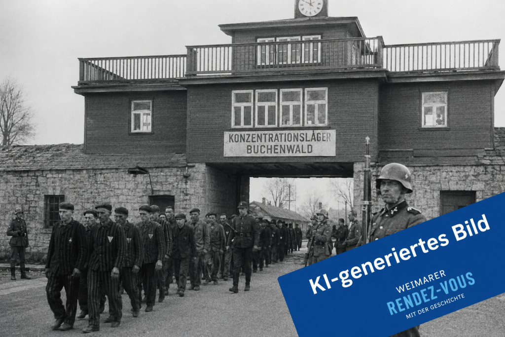 Fehler im Detail erkennbar: angeblich historische Aufnahme des Ausgangs des KZ Buchenwald (Quelle: KI, generiert, ChatGPT).