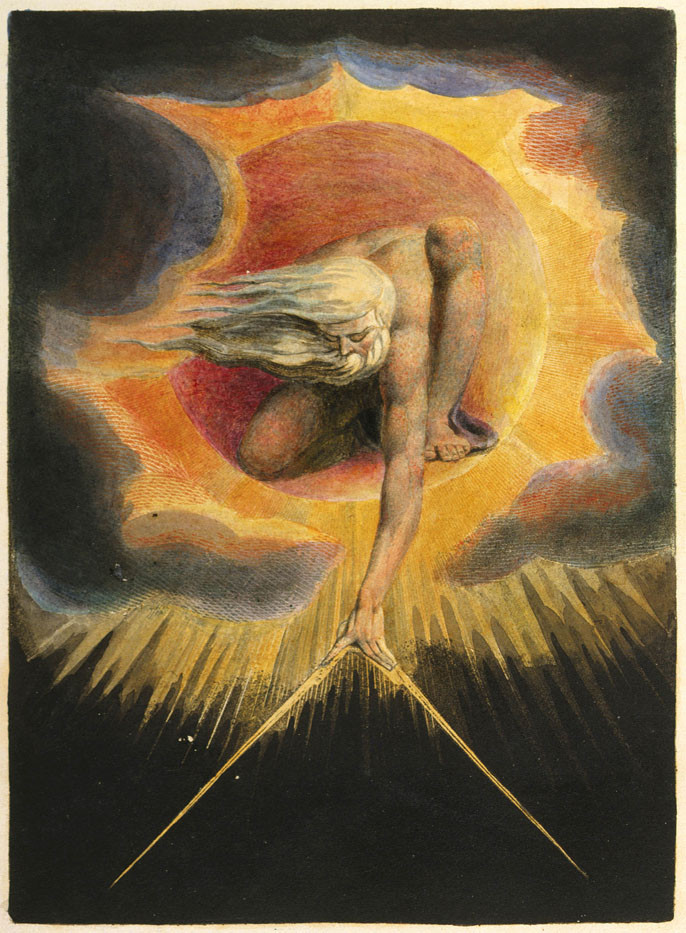 Die prophetische Figur „Urizen“ vermisst aus einer in Wolken gehüllten Lichtkugel das Dunkel. Frontispiz von „Europa: Eine Prophezeiung“ des englischen Dichters und Malers William Blake, 1794 (Quelle: Wikimedia: British Museum, 1859,0625.72, gemeinfrei).