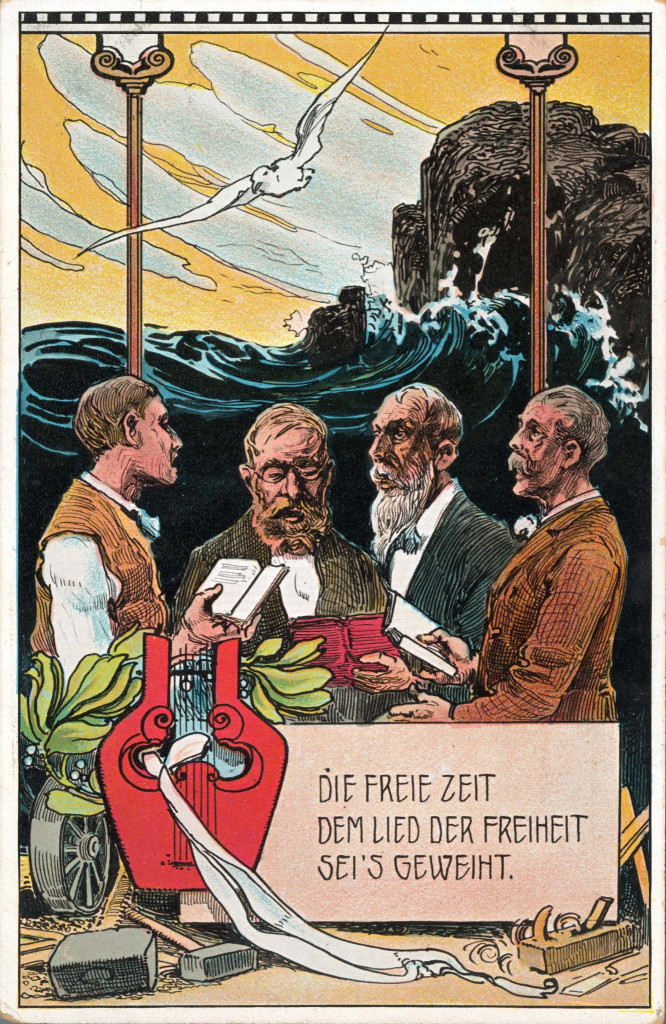Die Postkarte “Die freie Zeit /​ dem Lied der Freiheit sei’s geweiht” wirbt dafür, die erkämpfte Freizeit nicht nur am Meer, sondern auch in den Arbeitergesangsvereinen zu verbringen, 1871–1914. (Quelle: AdsD)