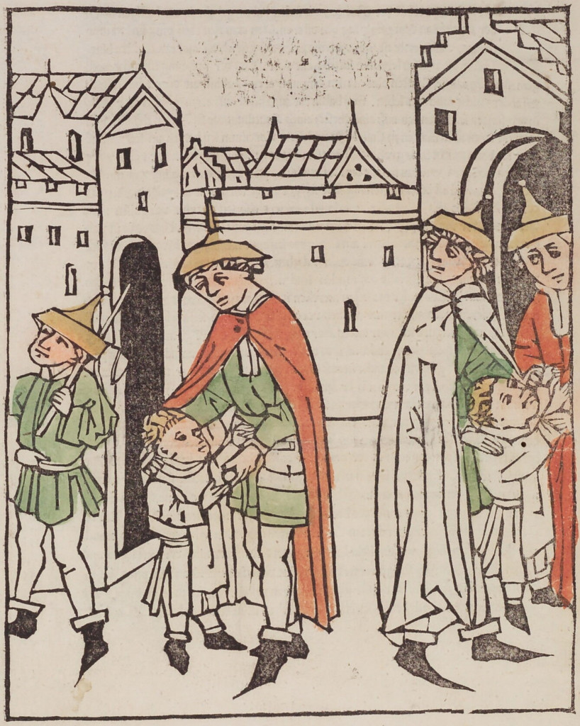 Zwei Juden entführen das Kind Simon. Holzschnitt zur Geschichte des Simon von Trient [Quelle: Johannes Matthias Tuberinus, Simon von Trient. Trient, Duderstadt 1475. Wolfenbüttel, Herzog August Bibliothek, 5 Xylogr. (2), fol. 2v]