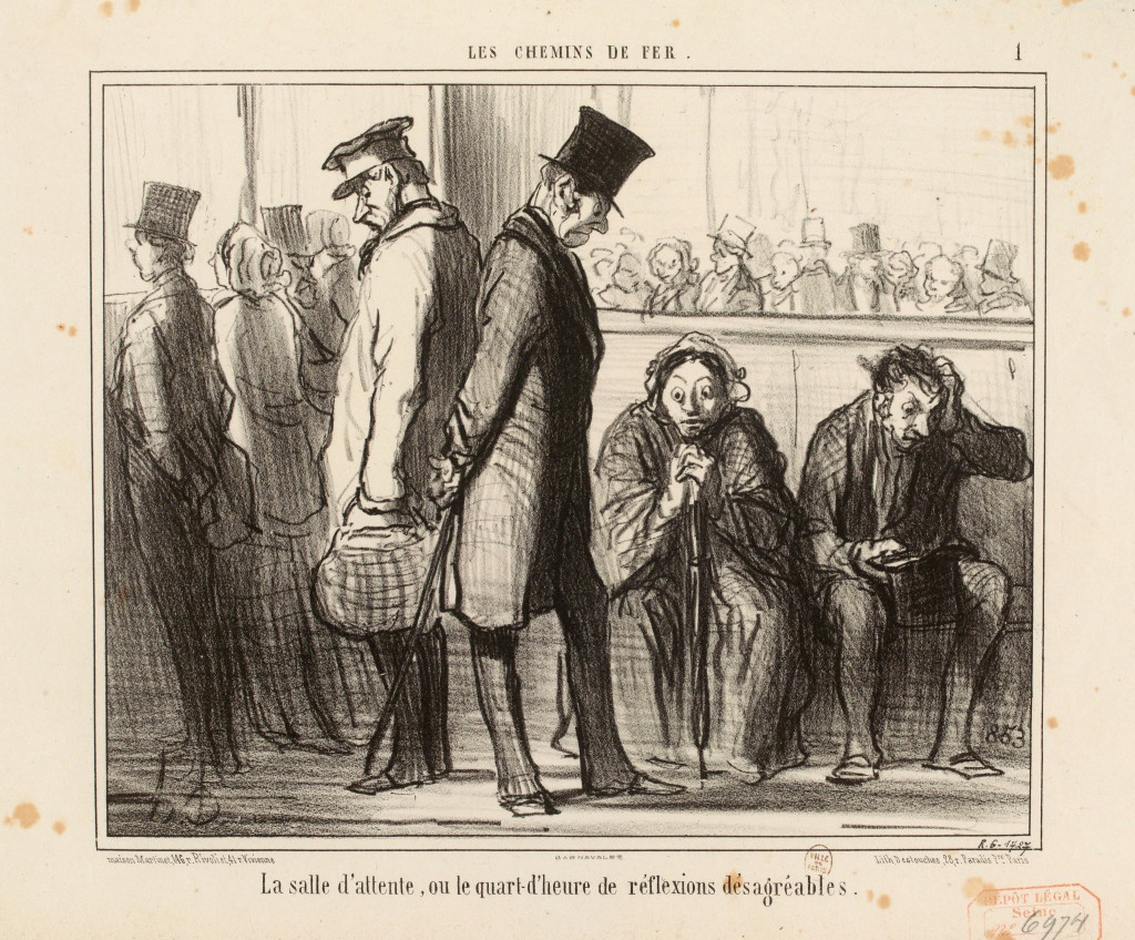 Honoré Daumier: Der Wartesaal oder die Viertelstunde der unangenehmen Reflexionen, Lithographie (um 1855), Musée Carnavalet, Paris