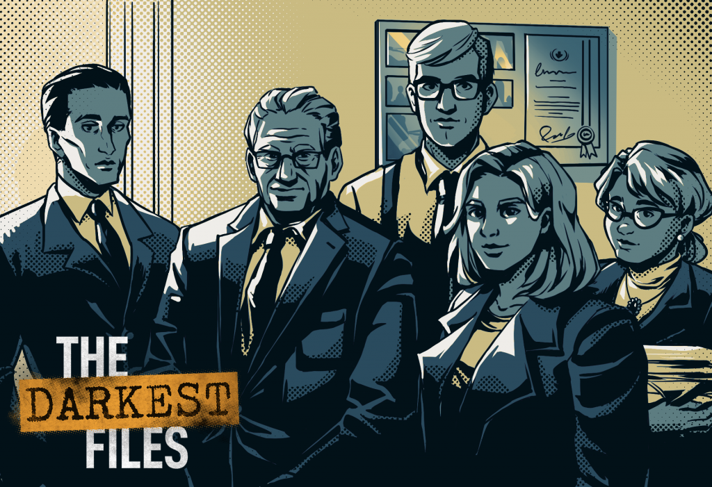 Gruppenbild mit reellen und fiktiven Charakteren. Fritz Bauer und Esther Katz (vorn Mitte und rechts) im Spiel »The Darkest Files« (Quelle: Paintbucket Games)