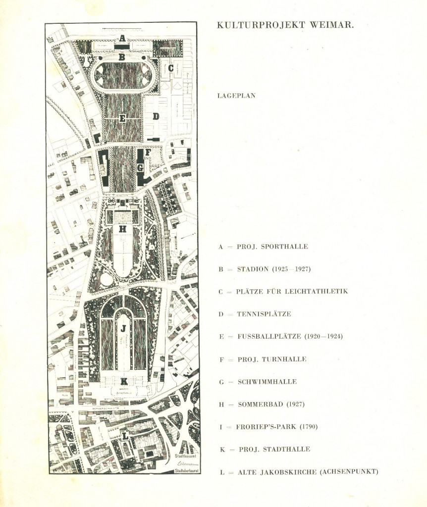 Kulturprojekt Weimar. Lageplan, aus: Lehrmann, August: Neue Stadtbaukunst Weimar, Berlin 1928, S. 9.