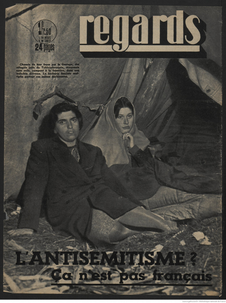 Die französische Zeitschrift regards vom 29. Dezember 1938. Bildbeschreibung dort: »Aus ihren Häusern von der Gestapo verjagt, campieren jüdische Flüchtlinge in unsäglicher Not an der Grenze, ohne jedes Asyl.« (Quelle: Bibliothèque Nationale de France)