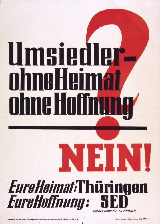 Die SED warb in der SBZ und DDR um Mitglieder und bei den wenigen freien Wahlen auch um Stimmen der »Umsiedler«, hier 1946. Quelle: Bundesarchiv Plak 100–014–018